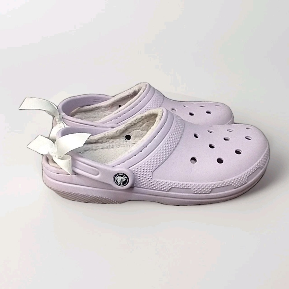 Crocs Classic Lined Clog Lavender Purple Faux Fur Bow Women 11 Men 9 Shoes